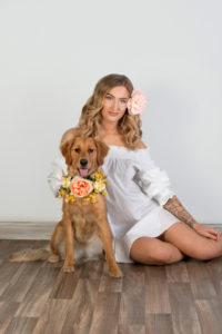 Modern dog photography, boho, flower crowns, golden retriever