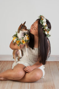 Modern dog photography, boho, flower crowns, small dog